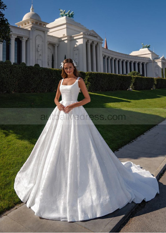 Square Neck Ivory Satin Lace Simple Wedding Dress
